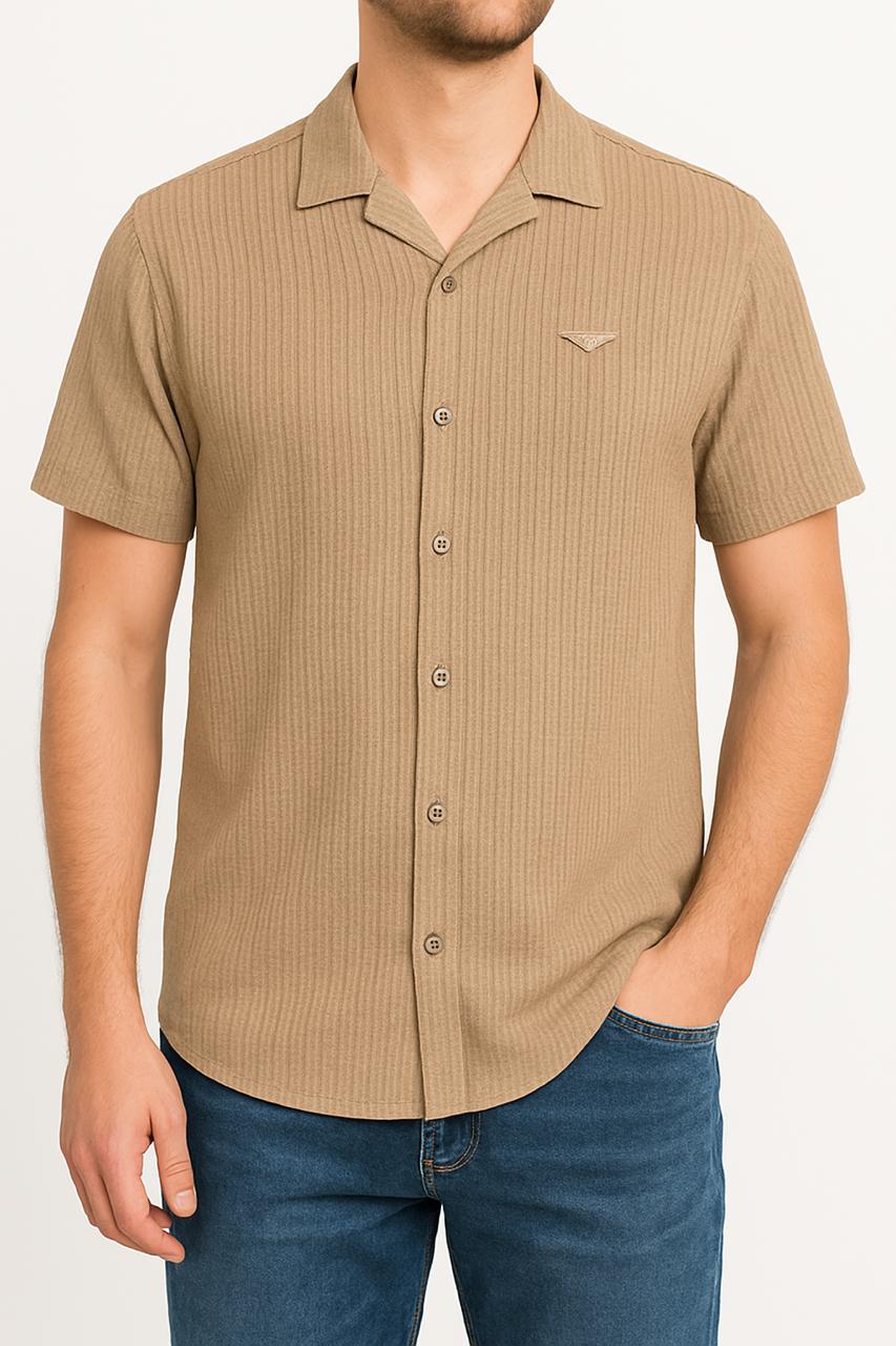 Ribbed Stretch Half Sleeve Button up Shirt (Brown)