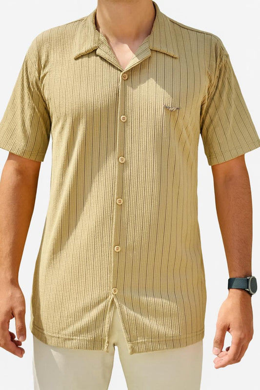 Ribbed Stretch Half Sleeve Button up Shirt (Beige)