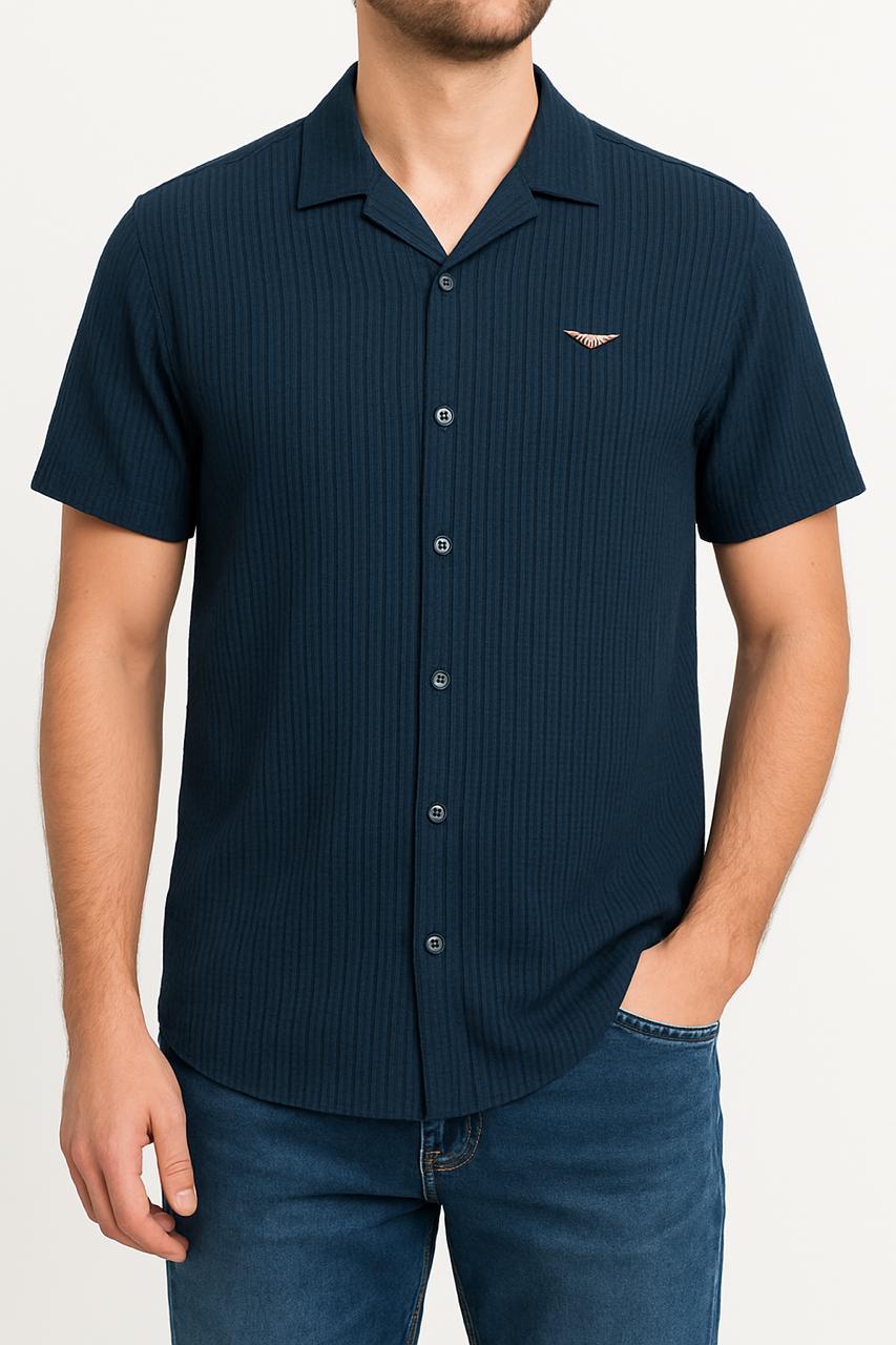 Ribbed Stretch Half Sleeve Button up Shirt (Teal)