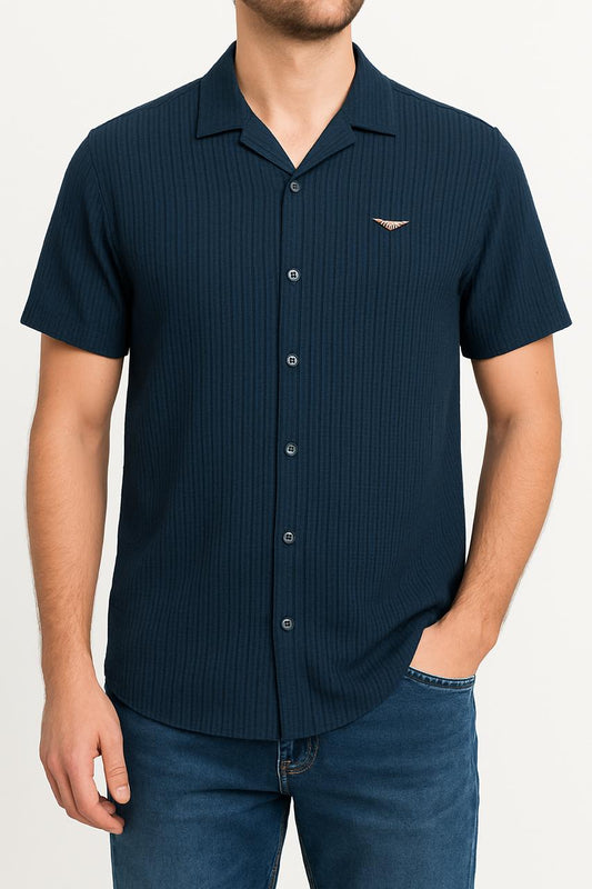 Ribbed Stretch Half Sleeve Button up Shirt (Teal)
