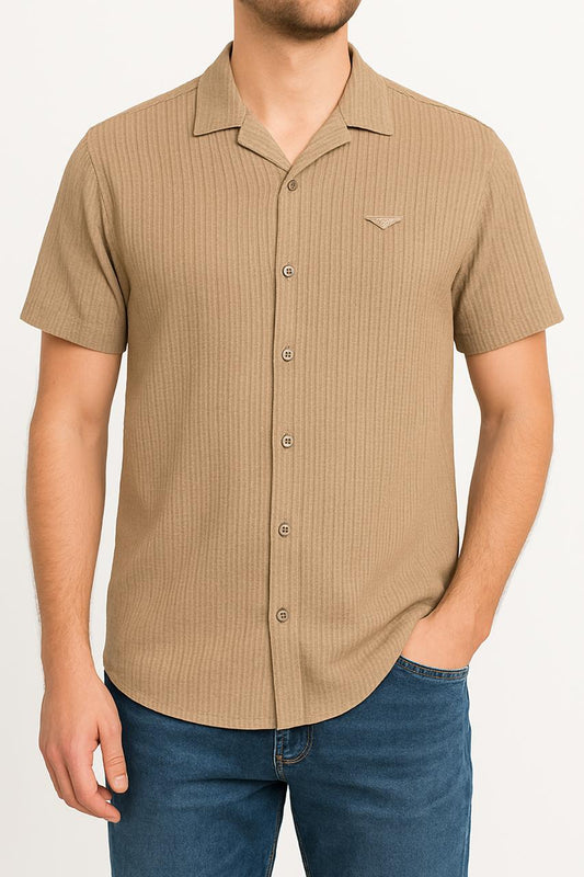 Ribbed Stretch Half Sleeve Button up Shirt (Brown)