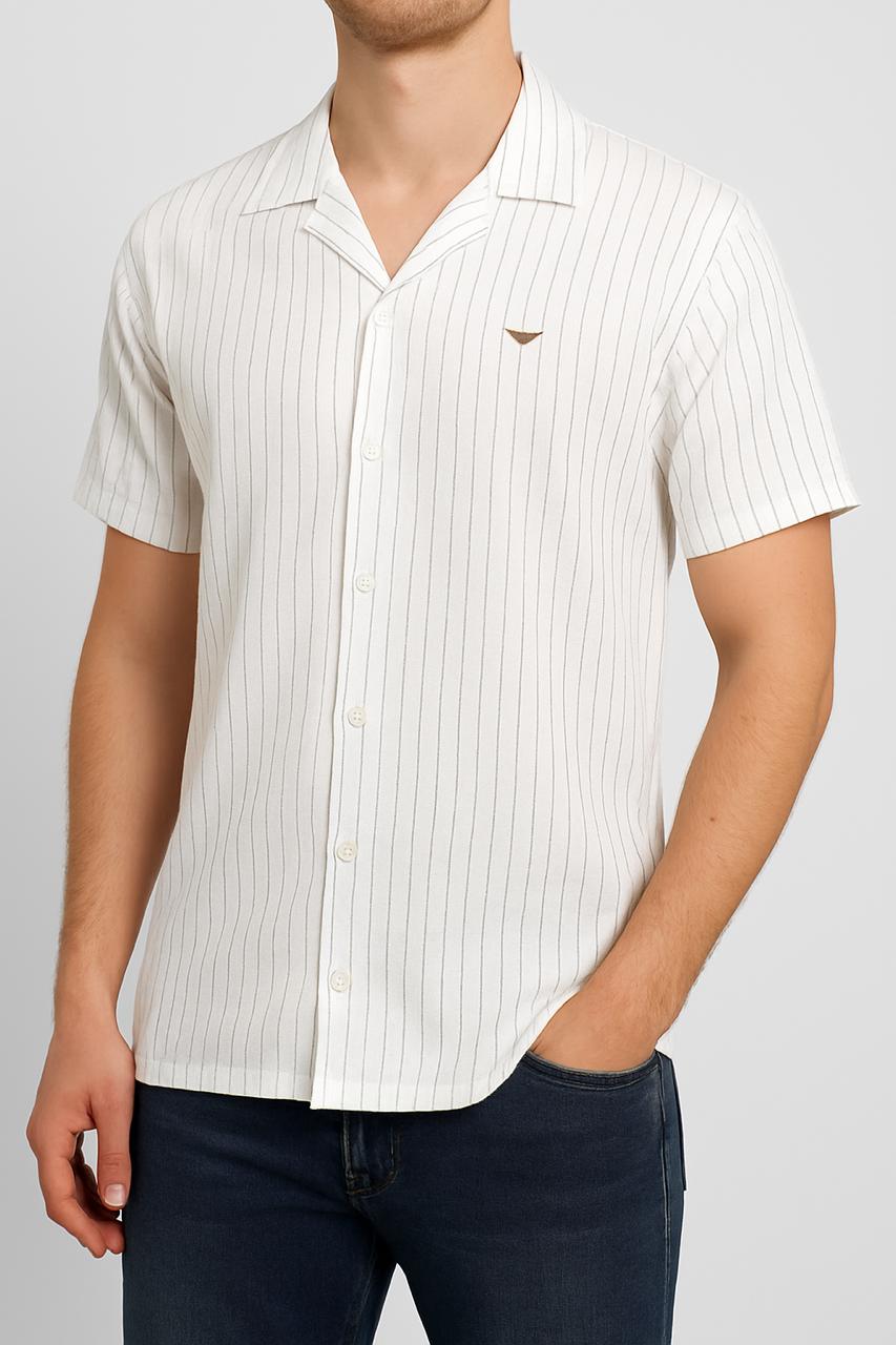 Ribbed Stretch Half Sleeve Button up Shirt (White)