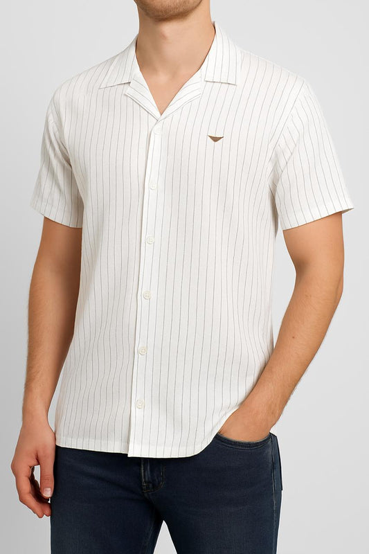 Ribbed Stretch Half Sleeve Button up Shirt (White)